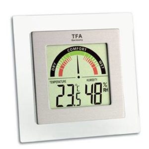 TFA vierkante thermo en hygrometer met comfortschaal. zilveren lijst in een witte lijst,