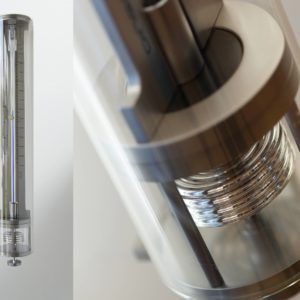 vooraanzicht en detailfoto van innovacelli glazen cilinder barometer met afgewerkt mat chroom