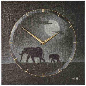Grijze leisteen klok met silhouet van olifanten en gouden details