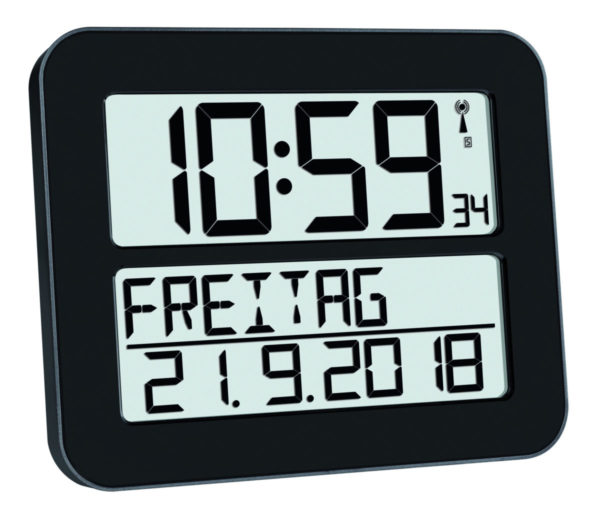 Zwarte timeline Max klok met uitgeschreven datum.
