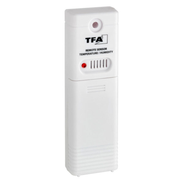 Sensor TFA, een kleine witte sensor. remote sensor met tempertuur en luchtvochtigheid.