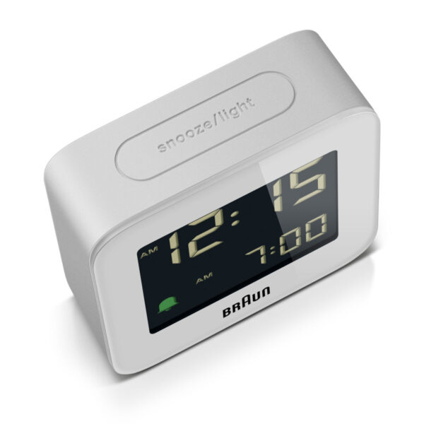 Braun Digital Clocks BC08W-DCF detailfoto witte wekker met snooze/light knop.