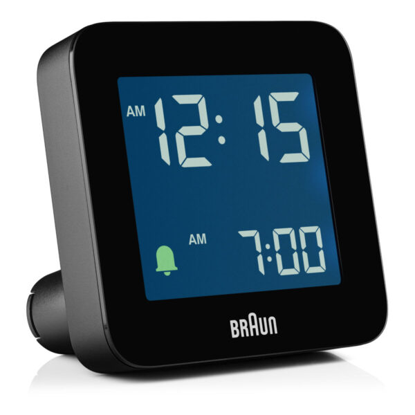 Braun Digital Clocks BC09B zijaanzicht met alarm en verlichting Zwart vierkante reiswekker met afgeronde hoeken.