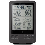 Bresser Weather Center 5-in-1 zwart met de tijd, temperatuur, windrichting, windsnelheid, historie, weersvoorspelling, datum en klimaat erop afgebeeld.