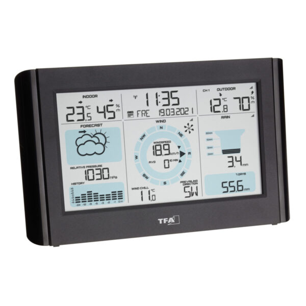 TFA Weather Pro 35.1161TFA Weather Pro 35.1161 basisstation waarop de tijd, datum, temperatuur, luchtvochtigheid, regen, windsnelheid en richting en meer af te lezen zijn.